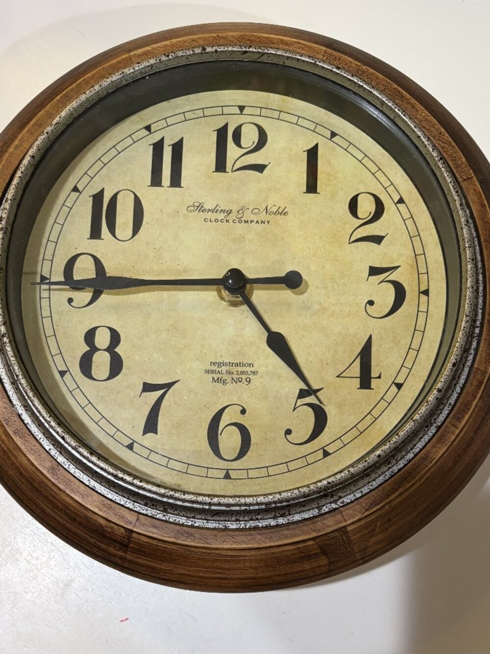 Wall Clock Sterling & Noble Mfg No. 9 Serial No 2055787 Metal And Brown Wood 9”